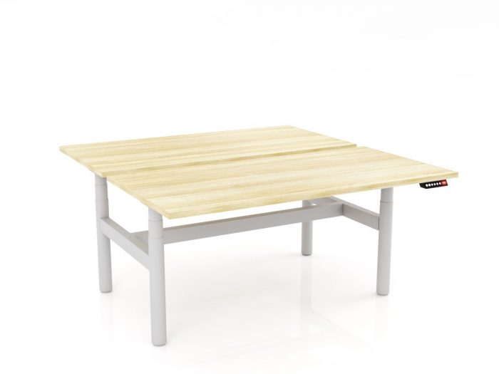 OL Agile Electric Height Adjustable Round Leg Desk in Oak Top with White Frame