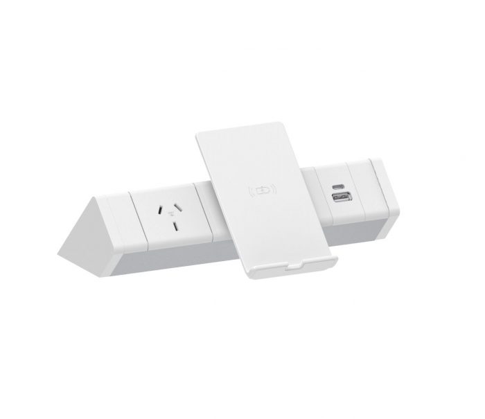 Athena Above Desk Power Rail – 1 GPO & Helistand Wireless and USB Charging