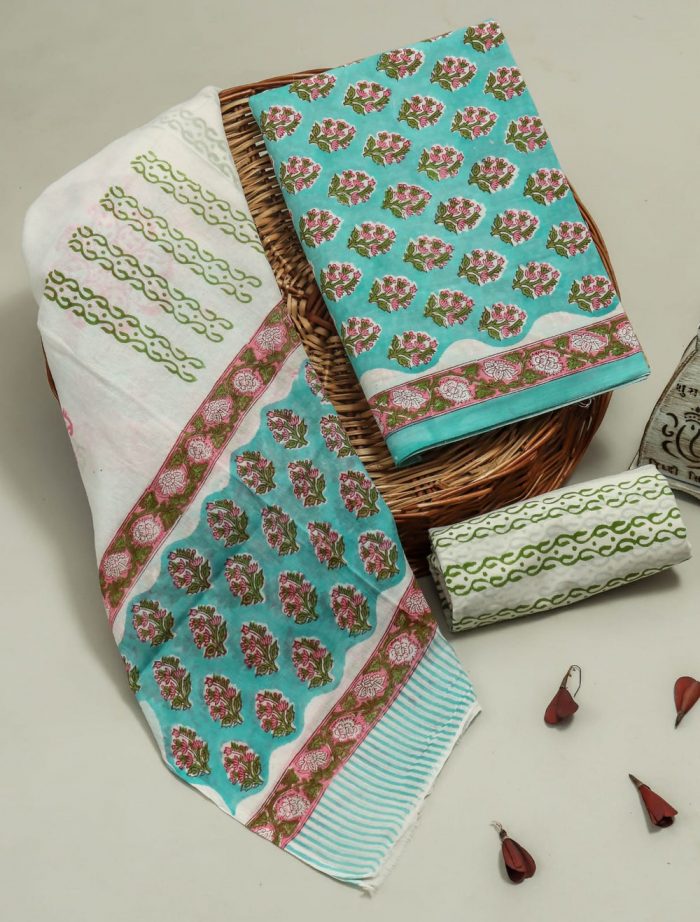 Shop Hand Block Printed Cotton Suits with Mulmul Dupatta Online