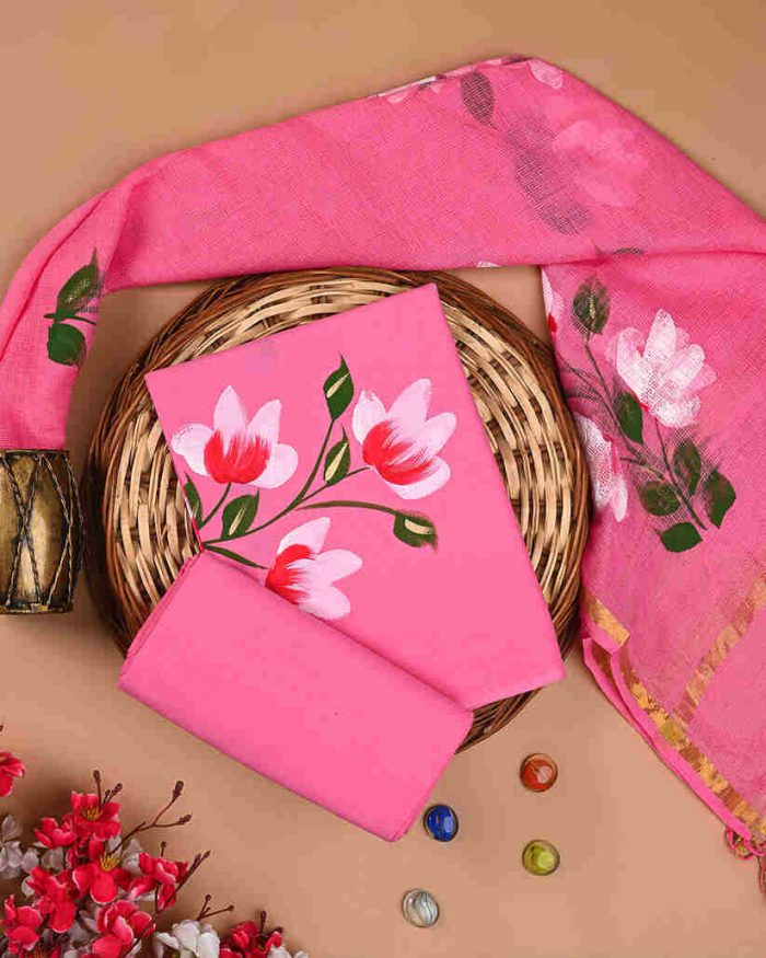 Buy Exclusive Purple Hand-Painted Cotton Suit with Kota Dupatta Online