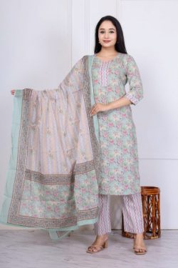 Shop Flower Print Cotton Suit with Mulmul Dupatta Online