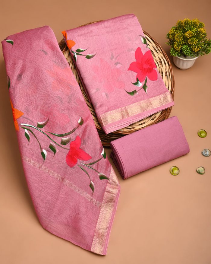 Premium Hand-Printed Maheshwari Silk Suit Set – Ethnic Adda