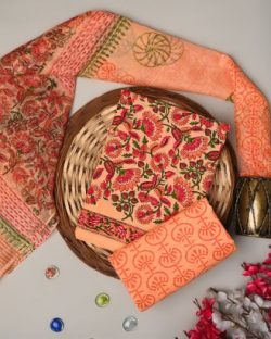 Shop Traditional Peach Cotton Sets With Kota Dupatta Online