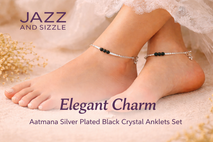 Elegant Aatmana Silver Black Crystal Anklets Set | Jazz & Sizzle