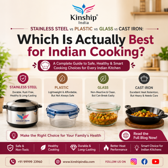 Stainless Steel vs Plastic vs Glass vs Cast Iron – Which Is Best for Indian Cooking? | Kinship India
